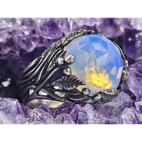 925 Sterling Silver Round Iridescent Stone & Leaf Design Ring SZ 8 - Picture 1 of 11